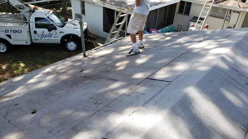 Crew member on a low-slope roof clearing leaves and twigs, with ladders against the house and an Andy's PGM truck in the yard.