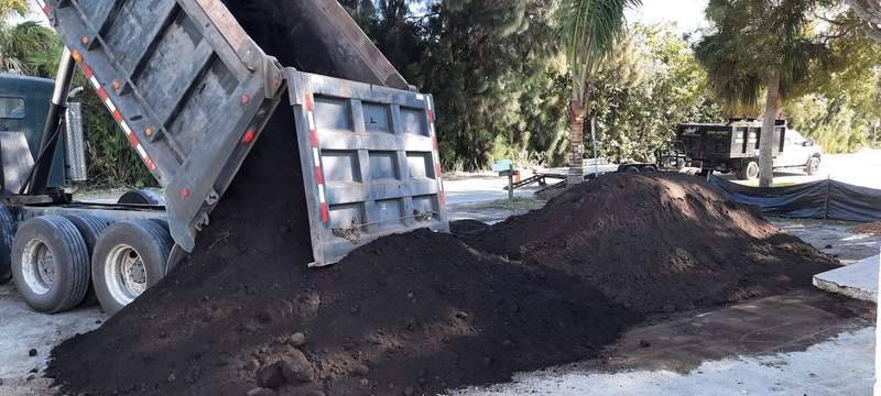 Dump truck tipping a load of dark soil onto a job site.