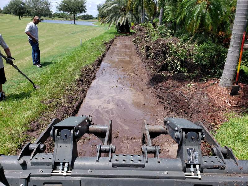 Crew cutting a long, straight trench beside a row of palms, seen from the front of the machine, with a pond and open lawn beyond.