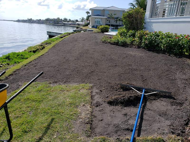 Waterfront yard graded and raked smooth, with the first rows of new sod laid along the edge and a rake resting on the soil.